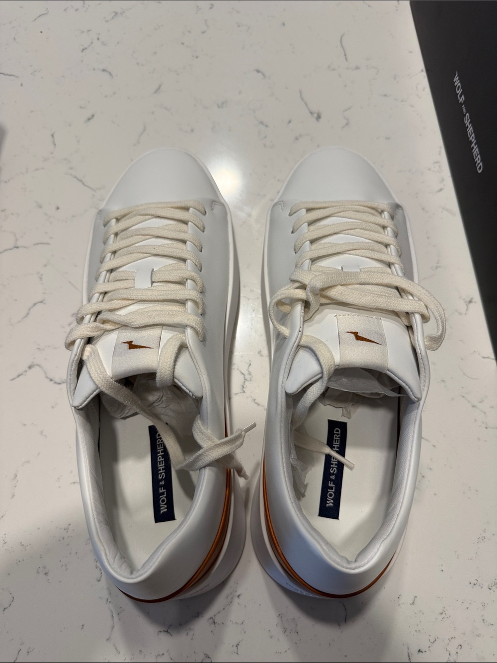 Wolf & Shepherd Men’s White Sneakers with Tan Accent